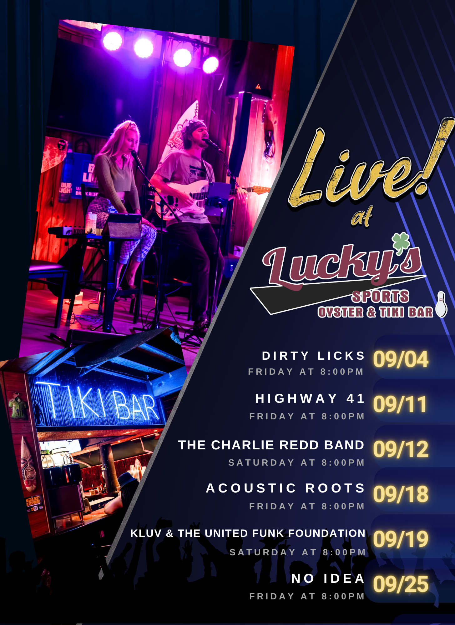 Lucky's Lakeland September live music lineup — Dirty Licks (Sep 4), Highway 41 (Sep 11), The Charlie Redd Band (Sep 12), Acoustic Roots (Sep 18), Kluv and the United Funk Foundation (Sep 19), and No Idea (Sep 25), all at 8PM